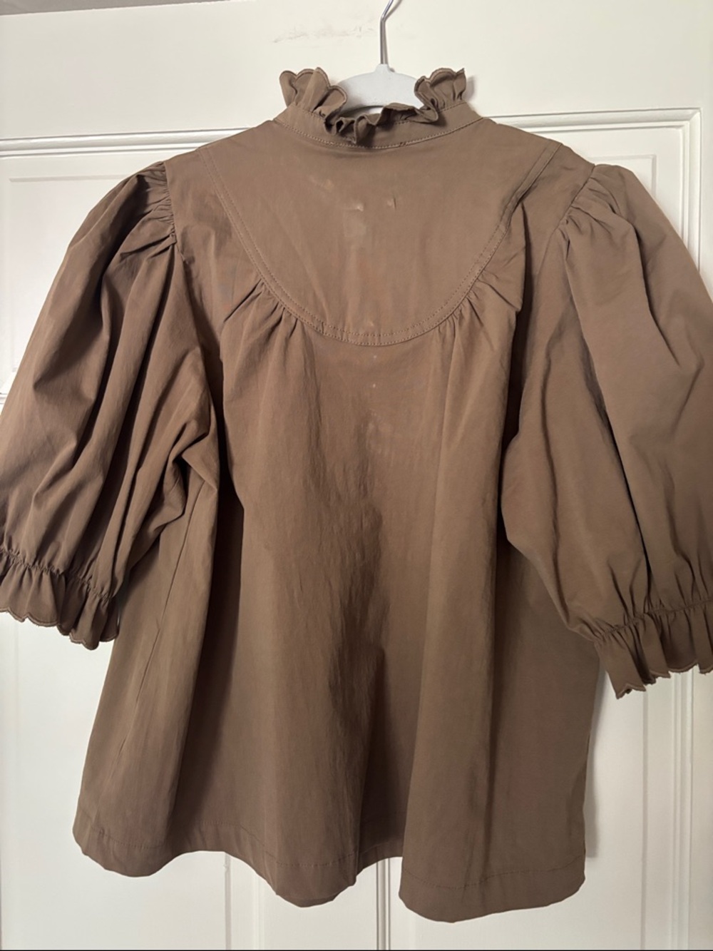 Women's Ruffle Neck Button-Front Tunic Top - Brown - Picture 5 of 5